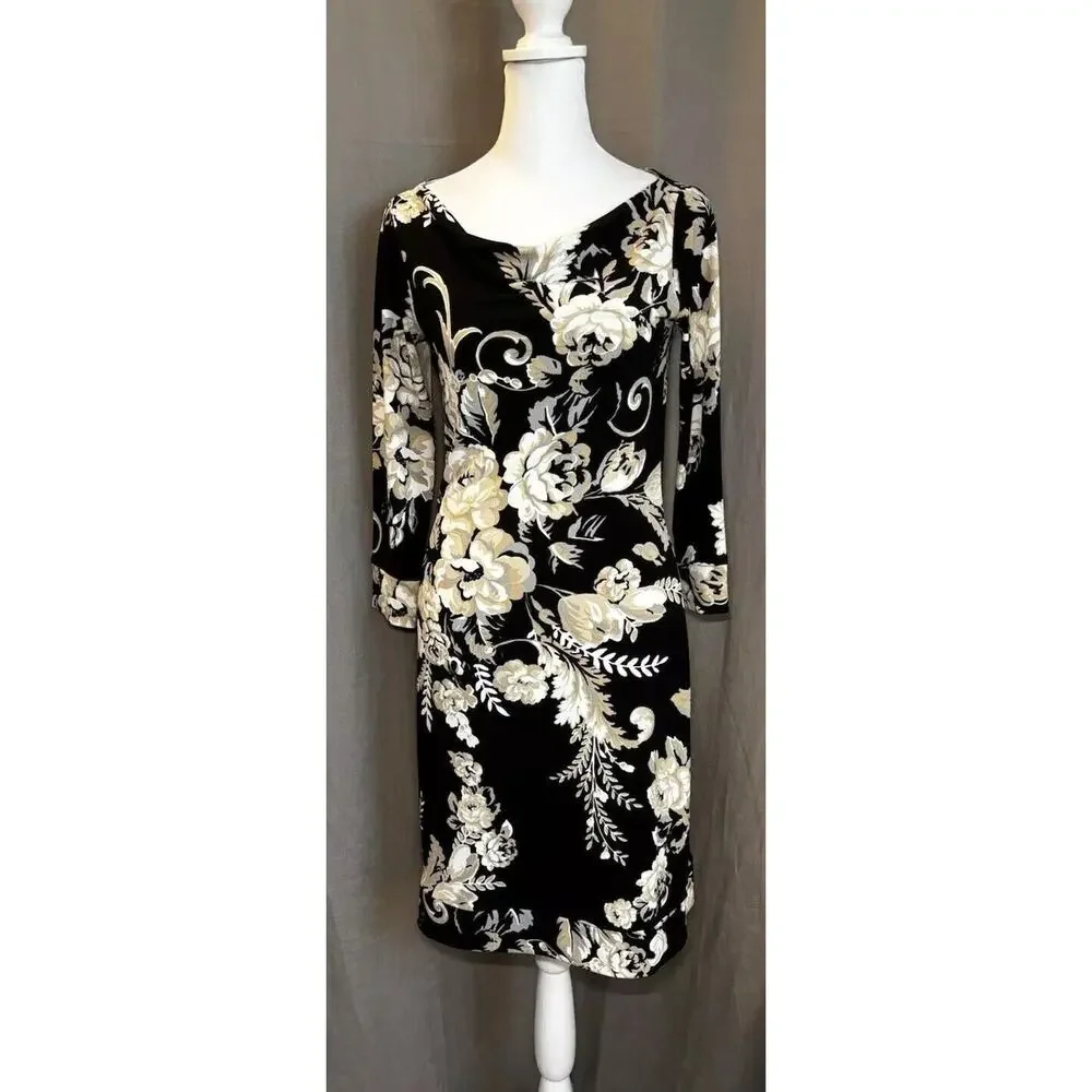 White House Black Market Dress Womens XXS Black Floral Knee Length Midi